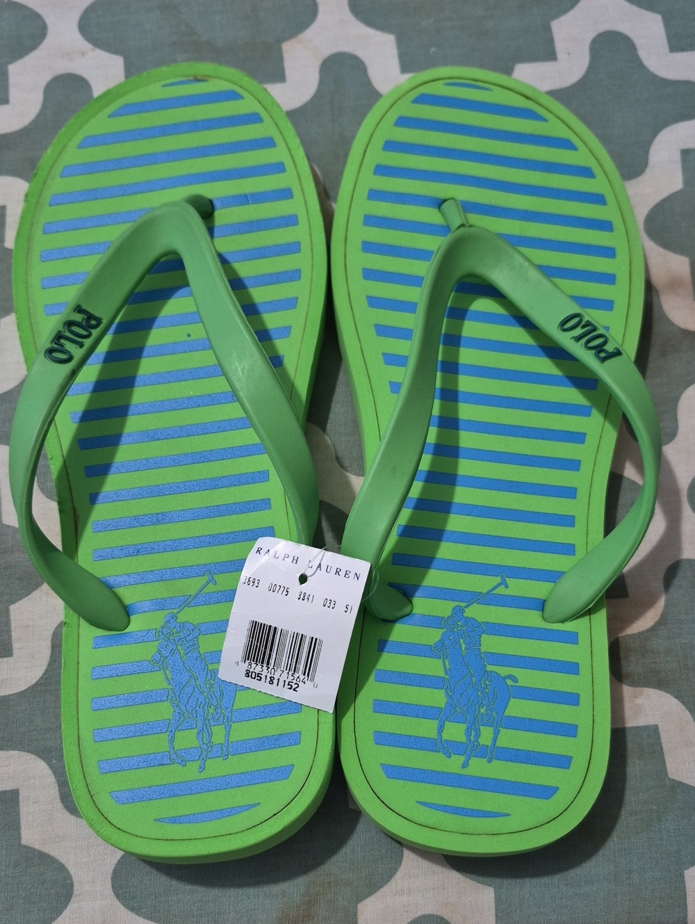 Ralph Lauren Lime Green and Blue Unisex Polo Flip Flops
